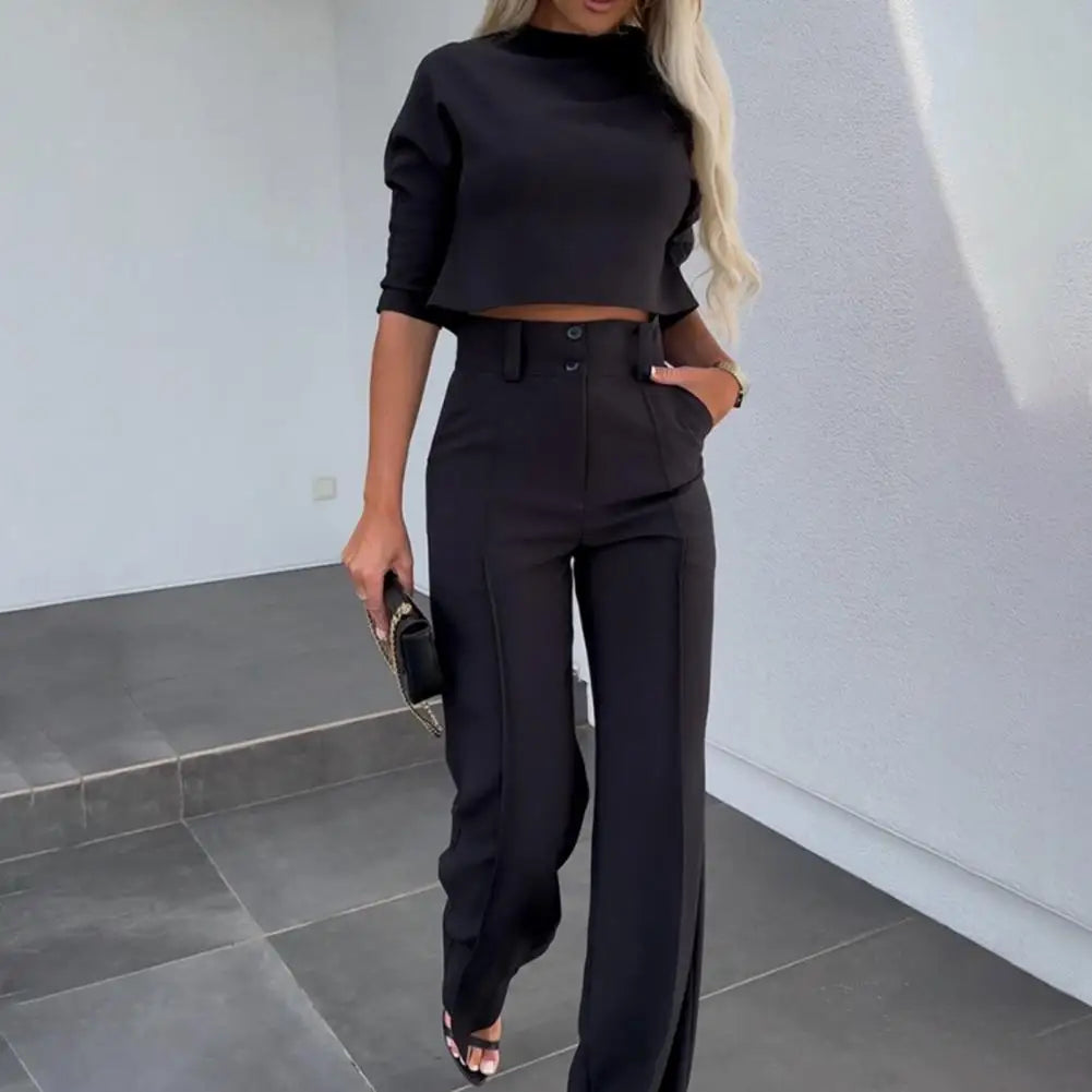 Claire | Elegant Business Suit Set - Slim Fit Top and Wide Leg Pants